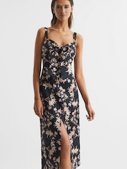 Reiss Black/Blush Aleen Floral Print Linen Midi Dress - Image 1 of 6