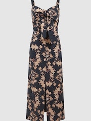 Reiss Black/Blush Aleen Floral Print Linen Midi Dress - Image 2 of 6