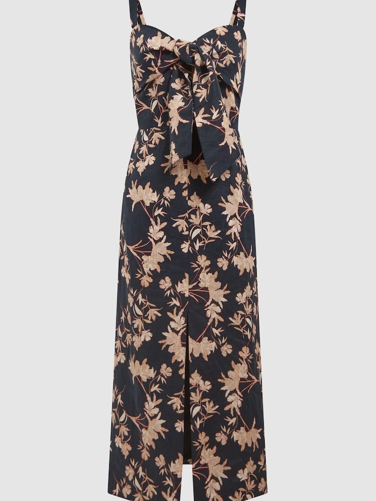 Reiss Black/Blush Aleen Floral Print Linen Midi Dress - Image 2 of 6