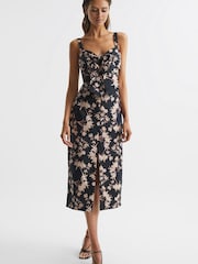 Reiss Black/Blush Aleen Floral Print Linen Midi Dress - Image 3 of 6