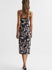 Reiss Black/Blush Aleen Floral Print Linen Midi Dress - Image 5 of 6