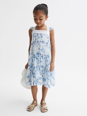 Reiss Blue Print Aster Floral Printed Pleated Dress - Image 3 of 6