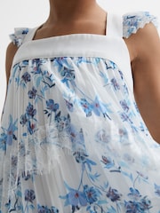 Reiss Blue Print Aster Floral Printed Pleated Dress - Image 4 of 6