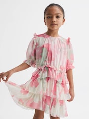 Reiss Pink Print Henrietta 9-12 yrs Printed Tiered Dress - Image 1 of 6