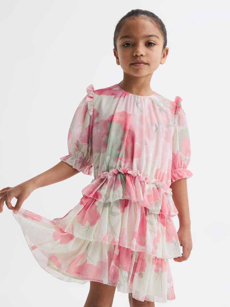 Reiss Pink Print Henrietta 9-12 yrs Printed Tiered Dress - Image 1 of 6