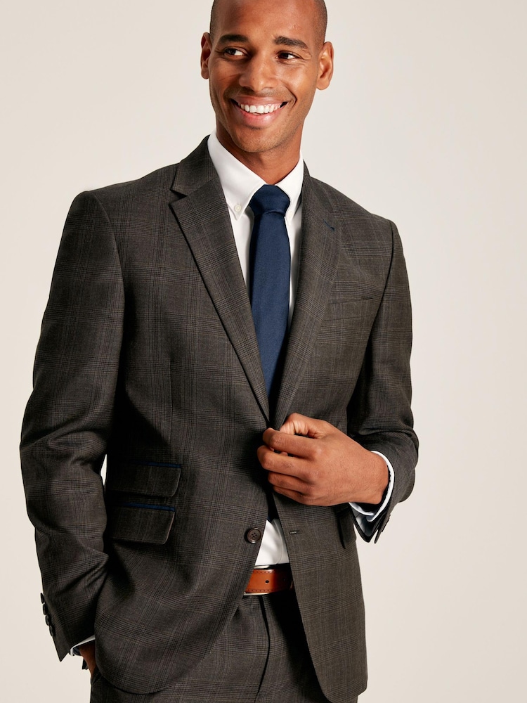 Joules Brown Slim Fit Trimmed Check Suit Jacket - Image 1 of 9