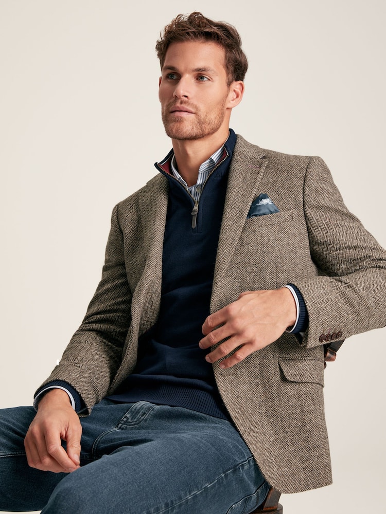 Joules Taupe Brown Wool Herringbone Blazer - Image 1 of 8
