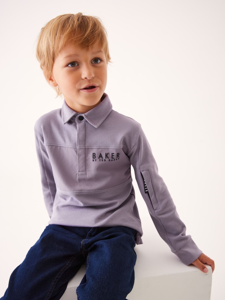 Lila - Baker by Ted Baker Langärmeliges Polo-Shirt aus 100 % Baumwolle - Bild 1 von 9 Lila - Baker by Ted Baker Langärmeliges Polo-Shirt aus 100 % Baumwolle - Bild 1 von 9