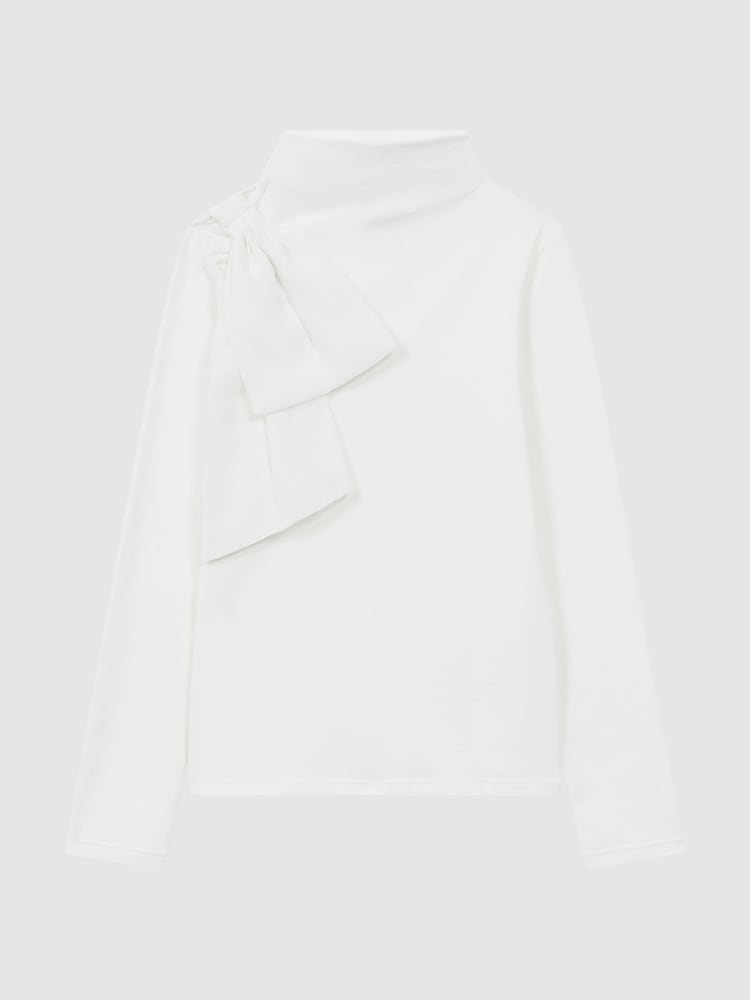 Reiss Ivory Bessie Senior Cotton Bow Funnel Neck T-Shirt - Image 2 of 6