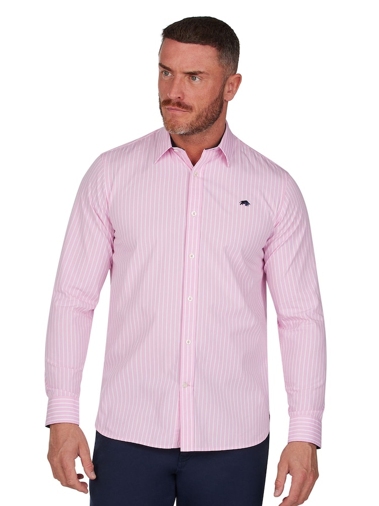 Raging Bull Pink Classic Long Sleeve Stripe 100% Cotton Shirt - Image 1 of 8