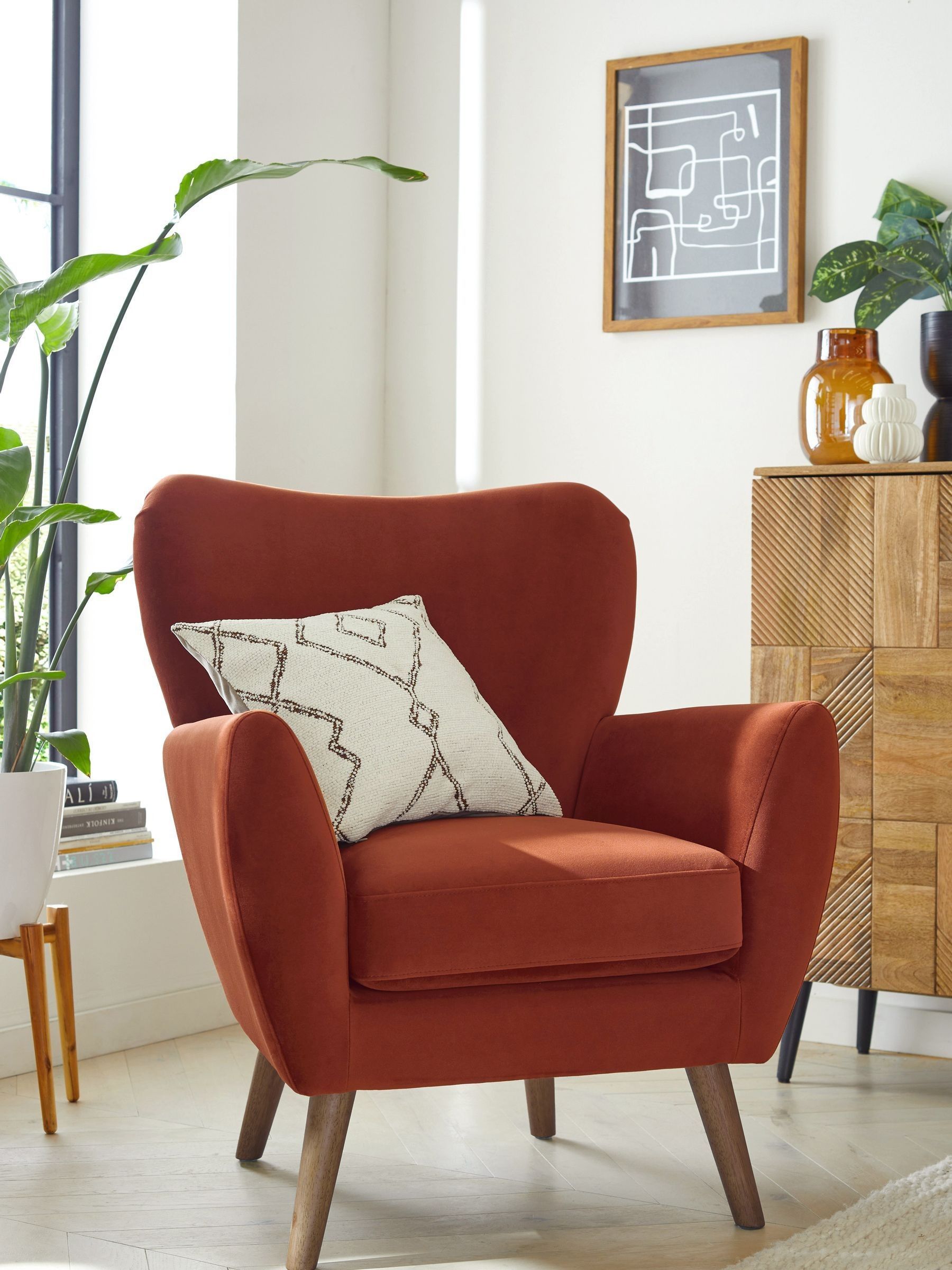 Buy Soft Velvet Rust Brown Wilson Highback Armchair from the Next