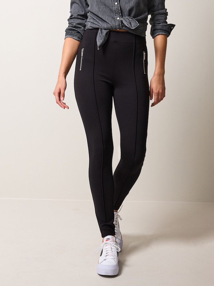 Black Ponte Zip Detail Leggings - Image 1 of 6 Black Ponte Zip Detail Leggings - Image 1 of 6