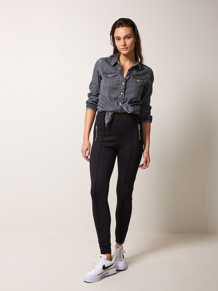 Black Ponte Zip Detail Leggings - Image 2 of 6 Black Ponte Zip Detail Leggings - Image 2 of 6