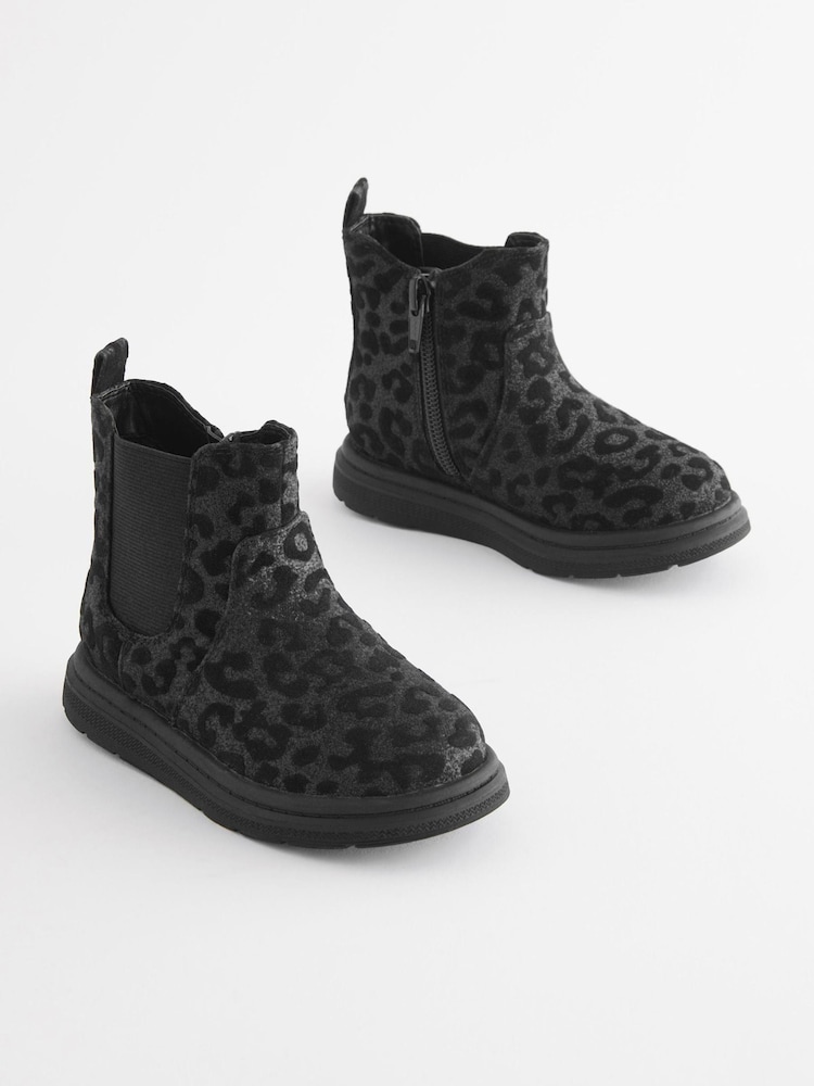 Black Sparkle Animal Print Chelsea Boots - Image 1 of 5 Black Sparkle Animal Print Chelsea Boots - Image 1 of 5