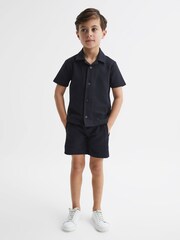 Reiss Navy Koen Senior Short Sleeve Cuban Collar Shirt - Image 1 of 6