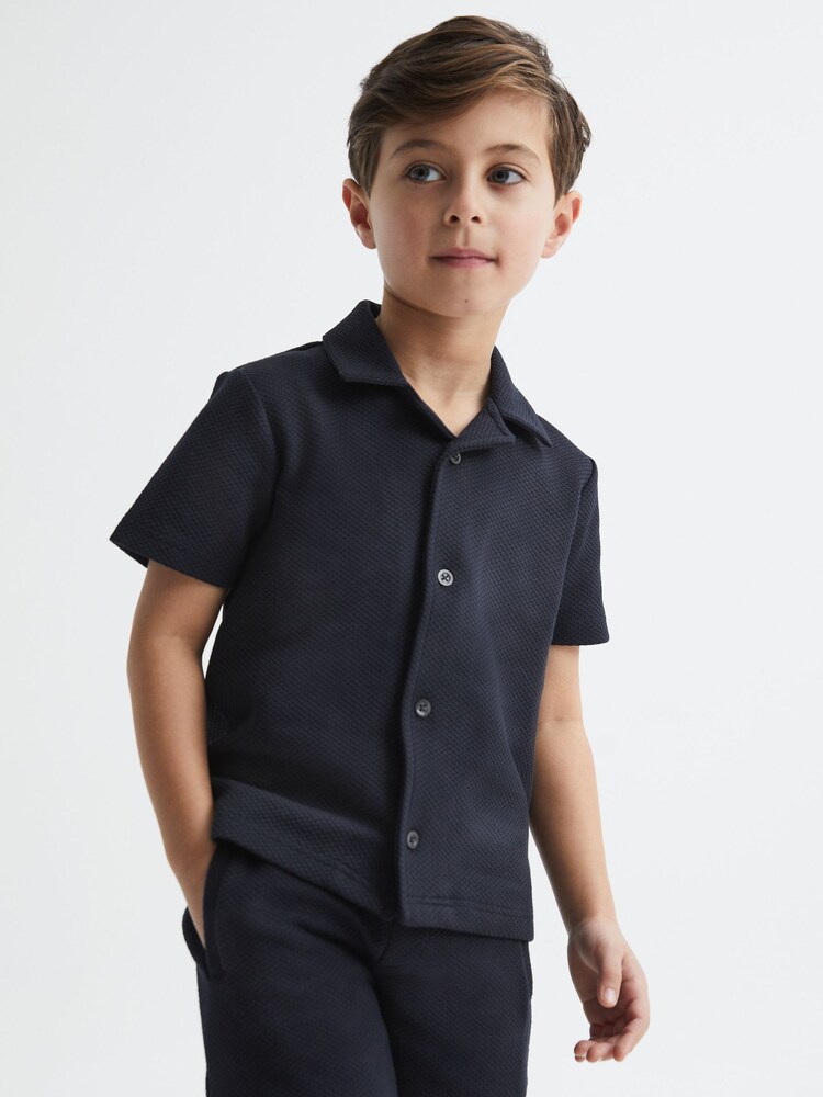 Reiss Navy Koen Junior Short Sleeve Cuban Collar Shirt - Image 1 of 6