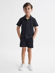 Reiss Navy Koen Junior Short Sleeve Cuban Collar Shirt - Image 3 of 6