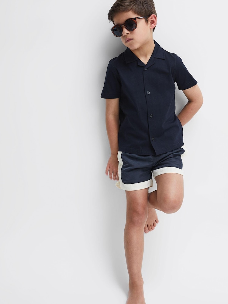 Reiss Navy/Ecru Surf Junior Drawstring Contrast Swim Shorts - Image 1 of 7