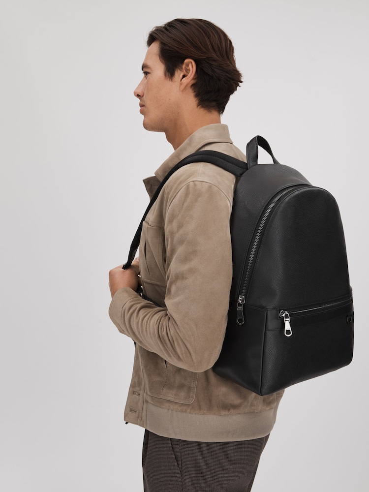 Reiss Black Drew Leather Zipped Backpack - Image 2 of 5 Reiss Black Drew Leather Zipped Backpack - Image 2 of 5