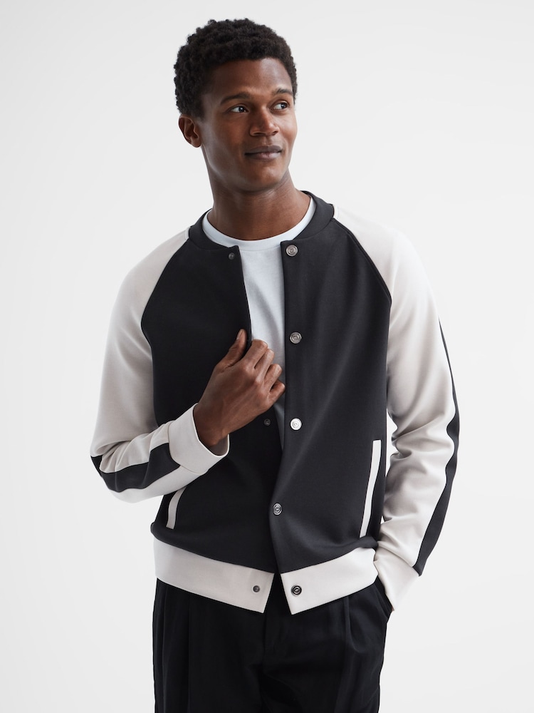 Reiss Navy/Ecru Giles Long Sleeve Interlock Bomber Jacket - Image 1 of 6