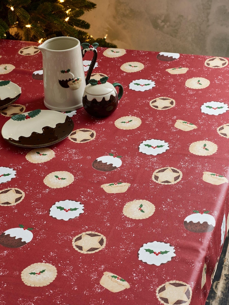Red Christmas Pudding and Pie Wipe Clean Table Cloth - Image 1 of 3