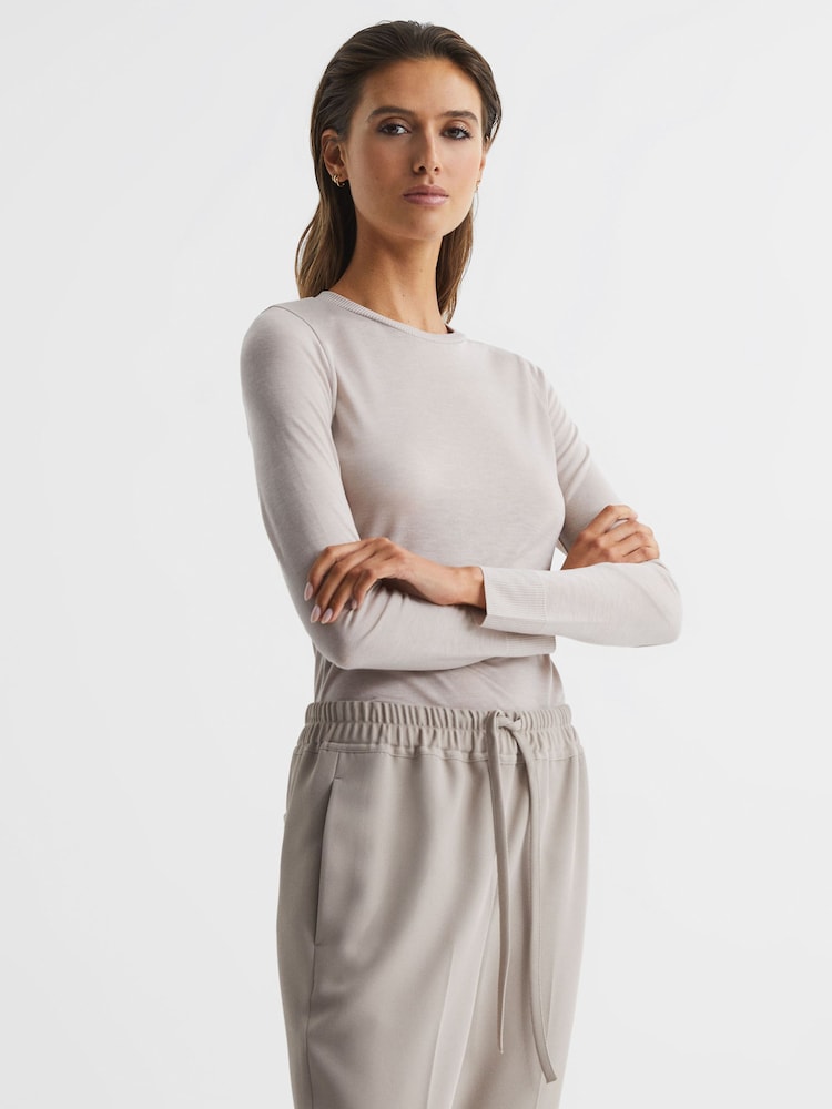 Reiss Blush Drew Long Sleeve Crew Neck Top - Image 1 of 5
