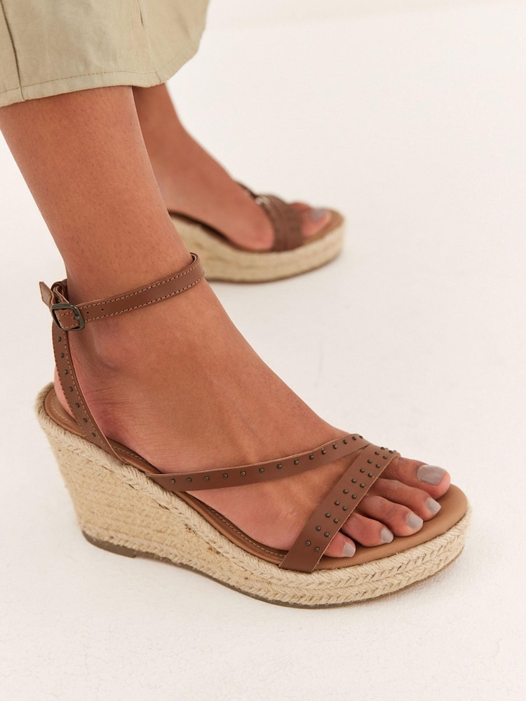 Tan Brown Forever Comfort® Leather Stud Strap Wedges - Image 4 of 9