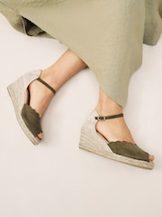 Khaki Green Scallop Peep Toe Wedges - Image 1 of 7