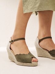 Khaki Green Scallop Peep Toe Wedges - Image 2 of 7