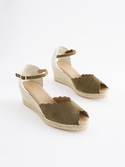 Khaki Green Scallop Peep Toe Wedges - Image 3 of 7