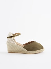 Khaki Green Scallop Peep Toe Wedges - Image 4 of 7