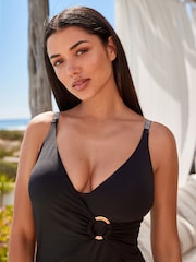 Black Diamante Ruched Tummy Control Wrap Swimsuit With Diamante Straps - Image 1 of 5
