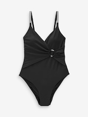 Black Diamante Ruched Tummy Control Wrap Swimsuit With Diamante Straps - Image 5 of 5
