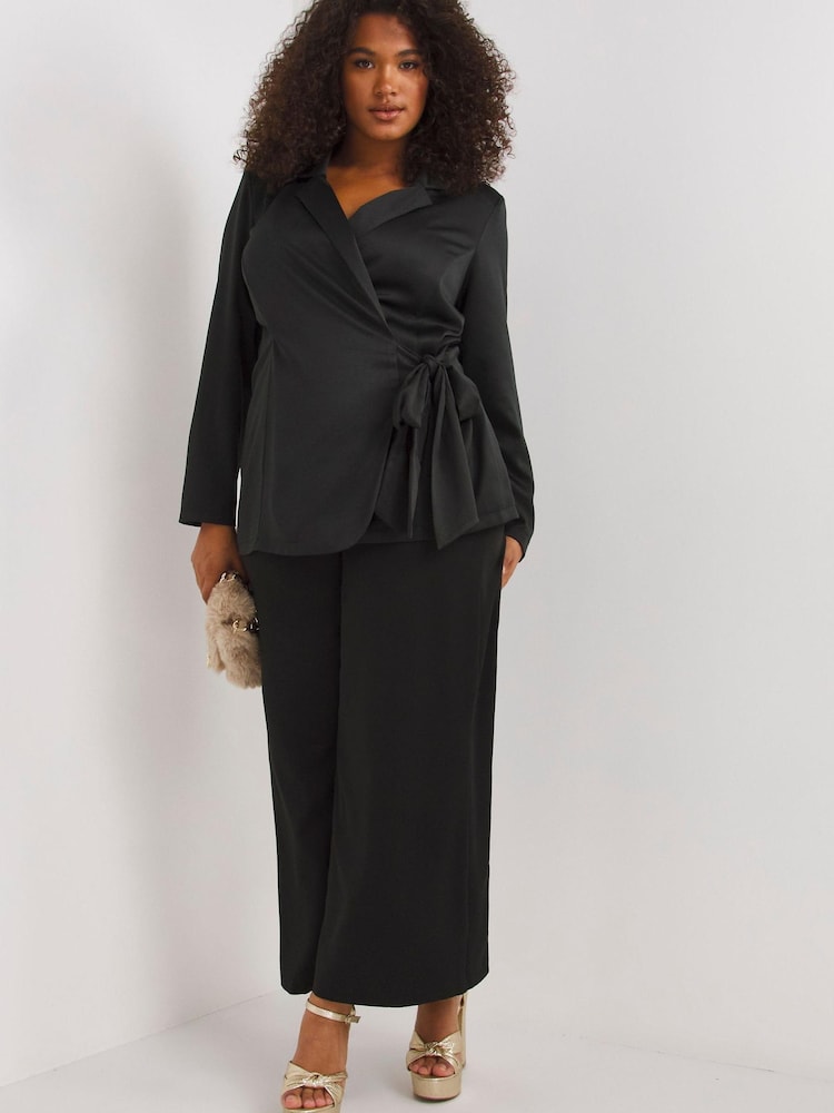 Simply Be Black Satin Back Crepe Tie Front Blazer - Image 1 of 5