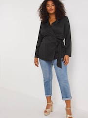 Simply Be Black Satin Back Crepe Tie Front Blazer - Image 4 of 5