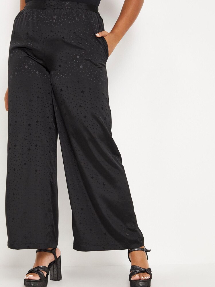 Simply Be Black Satin Printed Wide Leg Co-Ord Trousers - Image 1 of 1