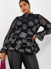 Simply Be Black Foil Jacquard High Neck Shirred Tiered Blouse With Sheer Fluted Sleeves - Image 1 of 4
