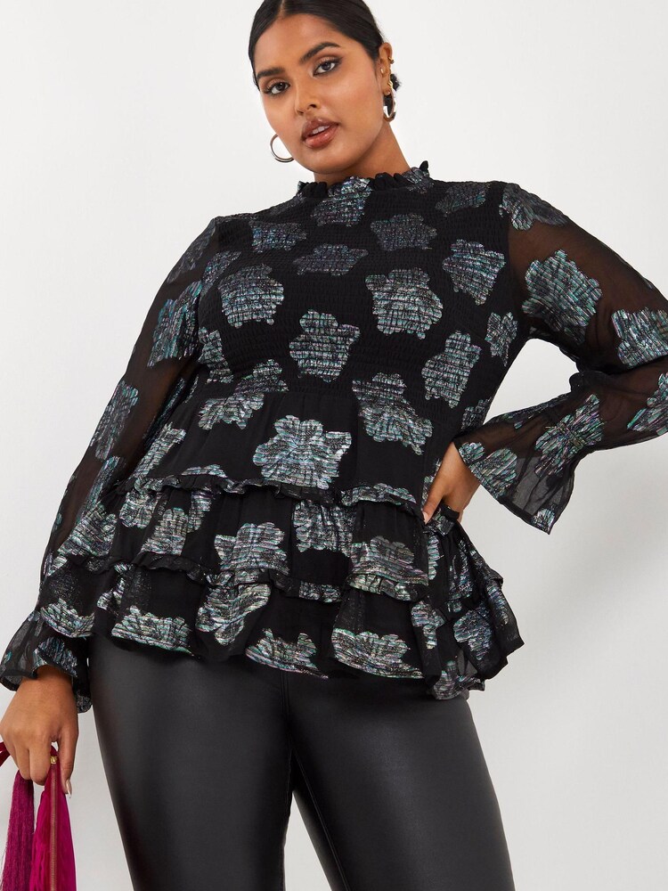 Simply Be Black Foil Jacquard High Neck Shirred Tiered Blouse With Sheer Fluted Sleeves - Image 1 of 4