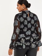 Simply Be Black Foil Jacquard High Neck Shirred Tiered Blouse With Sheer Fluted Sleeves - Image 2 of 4