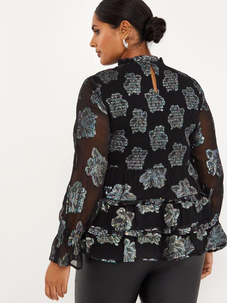 Simply Be Black Foil Jacquard High Neck Shirred Tiered Blouse With Sheer Fluted Sleeves - Image 2 of 4