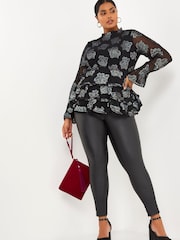 Simply Be Black Foil Jacquard High Neck Shirred Tiered Blouse With Sheer Fluted Sleeves - Image 3 of 4