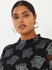 Simply Be Black Foil Jacquard High Neck Shirred Tiered Blouse With Sheer Fluted Sleeves - Image 4 of 4
