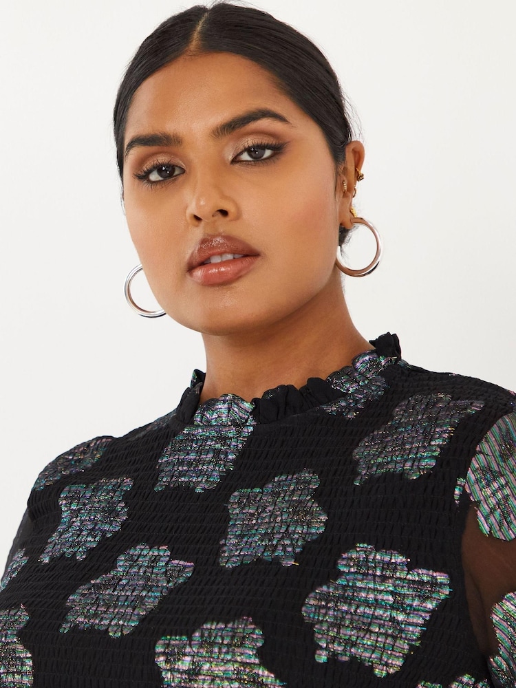 Simply Be Black Foil Jacquard High Neck Shirred Tiered Blouse With Sheer Fluted Sleeves - Image 4 of 4