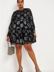 Simply Be Black Foil Print Shirred Smock Dress - Image 1 of 4