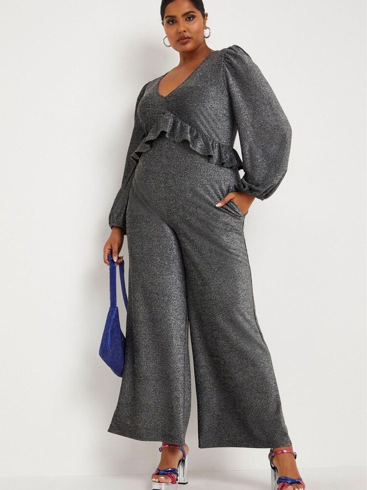 Simply Be Silver Grey Glitter Knit Jumpsuit - Image 1 of 5