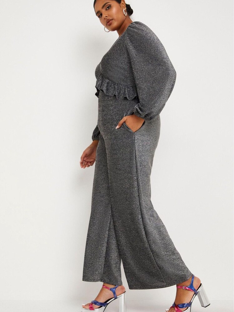 Simply Be Silver Grey Glitter Knit Jumpsuit - Image 3 of 5
