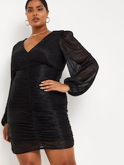 Simply Be Metallic Yarn Ruched Front Black Bodycon Dress - Image 1 of 1