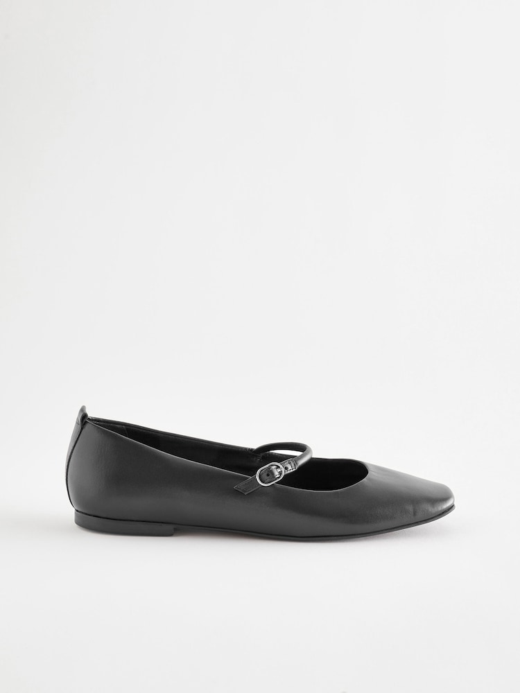 Black Signature Leather Mary Jane Flat Shoes - Image 3 of 6
