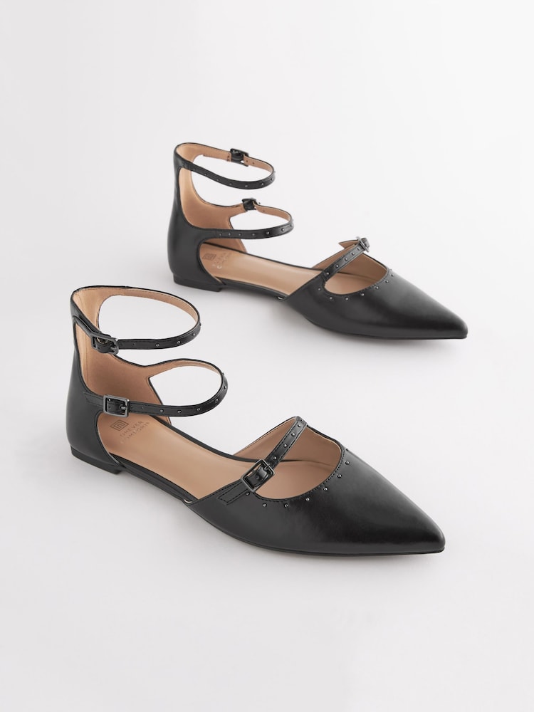 Black Forever Comfort® Point Toe Studded Strap Flat Shoes - Image 1 of 5