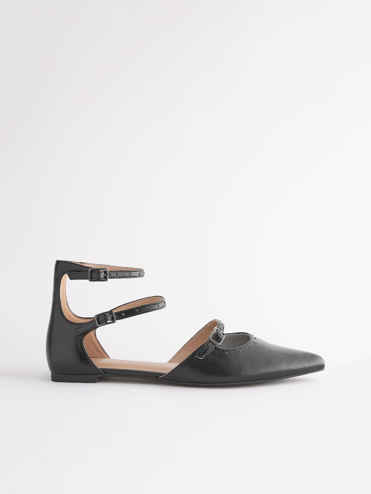 Black Forever Comfort® Point Toe Studded Strap Flat Shoes - Image 2 of 5
